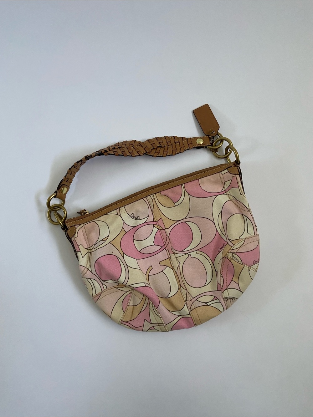 Coach Pink & Tan Signature Optic Print with Braided Handle Hobo Purse - Picture 3 of 9